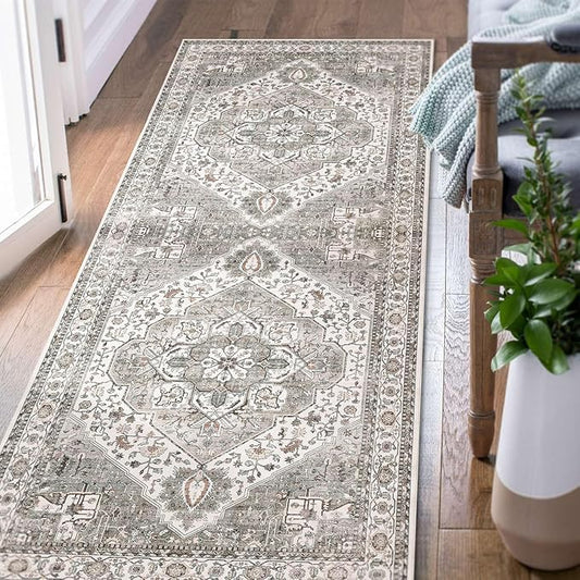 jinchan Runner Rug 2x6 Washable Hallway Rug Indoor Grey Taupe Vintage Kitchen Mat Ultra-Thin Lightweight Accent Non Slip Carpet for Bathroom Laundry Room Bedroom