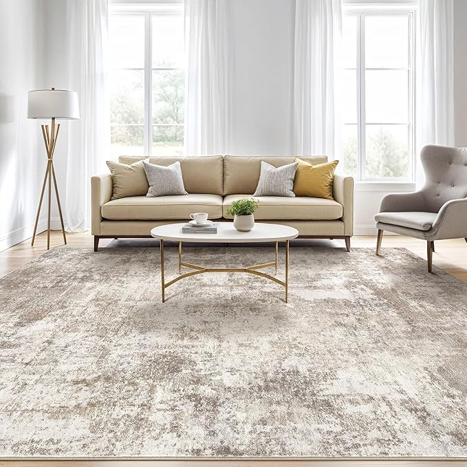 10x12 Area Rugs Living Room: Washable Large Abstract Soft Rug Stain Resistant Indoor Floor Non-Slip Accent Carpet for Women Modern Home Enthusiasts Aged 25-45 - Bedroom Nursery Playroom- Beige Brown