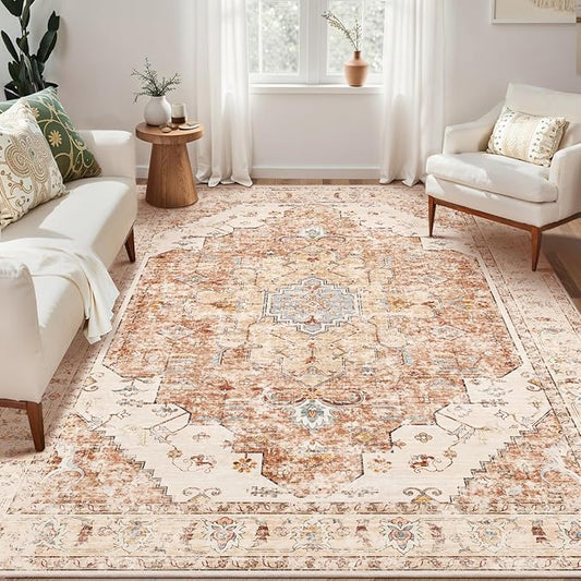 4x6 Area Rug for Living Room, Washable Vintage Indoor, Distressed Brick Red Carpet for Bedroom, Non Slip Dining Room, Soft Low Pile Rugs Foldable for Dorm Bedside Bathroom