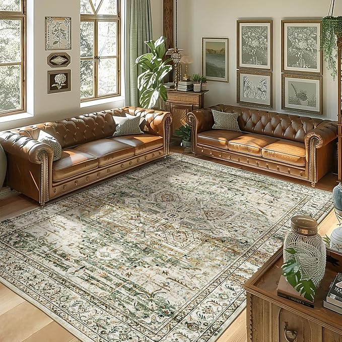 Washable Area Rug 8x10, Large Soft Rugs for Living Room Farmhouse Vintage Area Rugs for Bedroom Dining Room Non-Slip Stain Resistant Under Table Rug Olive Beige