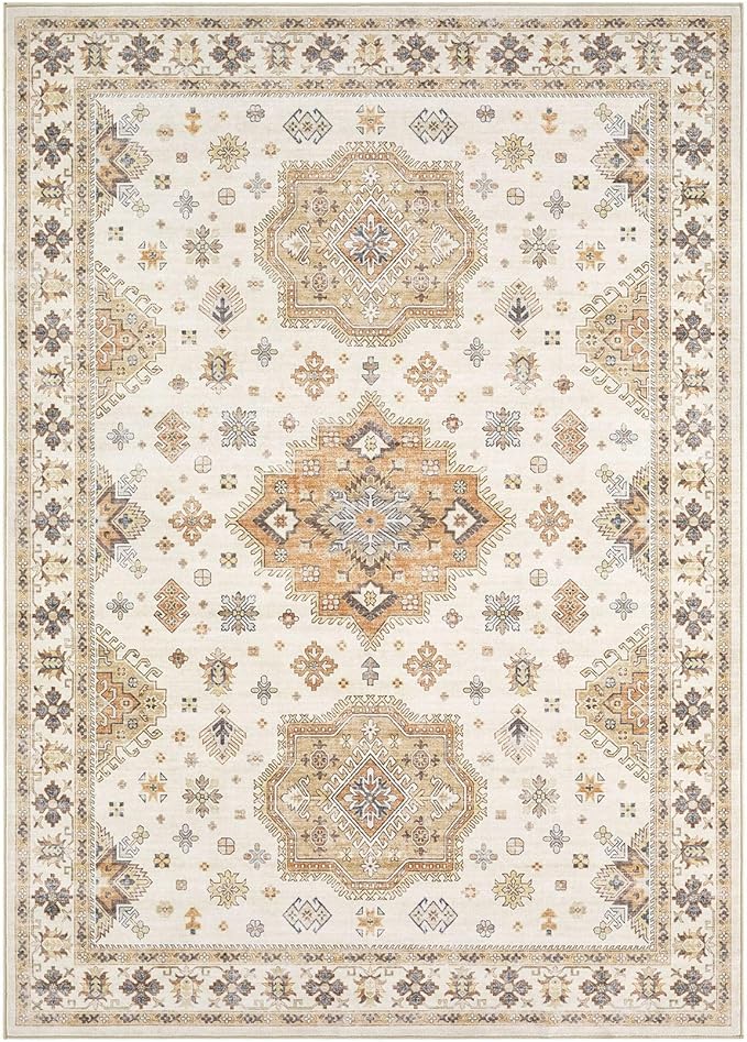 Washable Area Rugs for Living Room - 5x7 Neutral Vintage Distressed Floral Farmhouse Boho Large Soft Floor Rug Indoor Non Slip Carpet for Living Room Bedroom Dining Room Office - Orange/Yellow/Beige