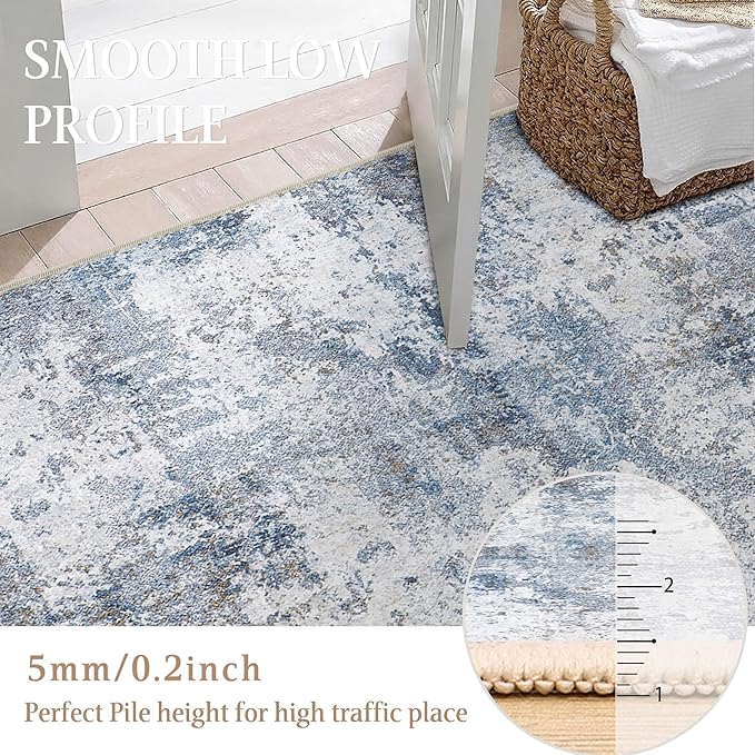 10x14 Washable Rugs Grey Blue Hallway Large Area Rug Indoor Accent Rug Abstract Non Slip Low Pile Carpet Distressed Throw Rug for Bedroom Living Room Office Dining Room Kitchen Laundry Room