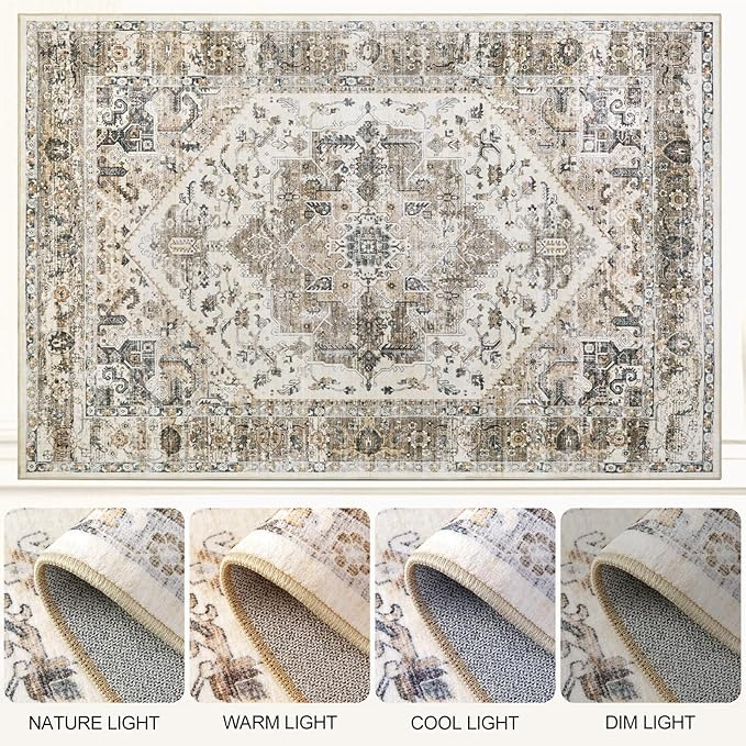 Area Rugs for Living Room 9x12 - Large Machine Washable Vintage Oriental Soft Rug, Low Pile Thin Carpet with Non Slip Backing for Bedroom, Dorm, Under Dining Room Table, Indoor House, Office Decor
