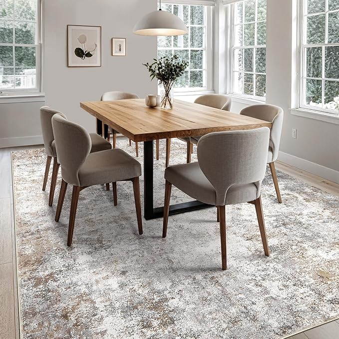 10x12 Area Rug Living Room Rugs - Washable Neutral Modern Abstract Soft Thin Large Rug Indoor Floor No Slip Rug Carpet for Bedroom Under Dining Table Home Office Decor - Brown Grey