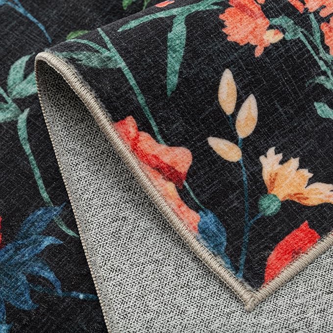 Black Area Rug 4x6 Office Floral Indoor Door Mat Washable Boho Kitchen Living Room Carpet Non Slip Bedroom Low Pile Lightweight Throw Rug for Dining Room Farmhouse