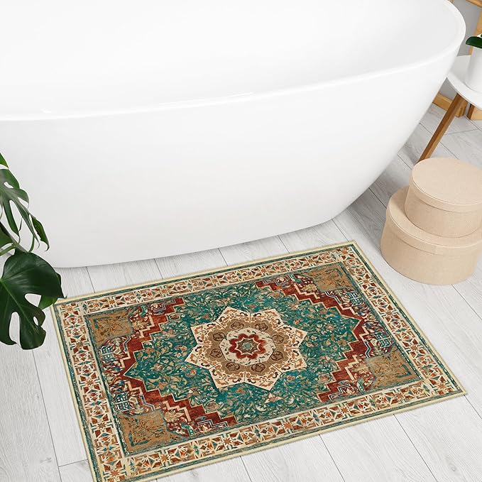 Washable Area Rug 2x3 Boho Entryway Rug Non Slip Small Vintage Rug for Entryway Door Mat Oriental Distressed Low-Pile Teal Rust Floor Carpet for Indoor Front Entrance Kitchen Bathroom Hallway