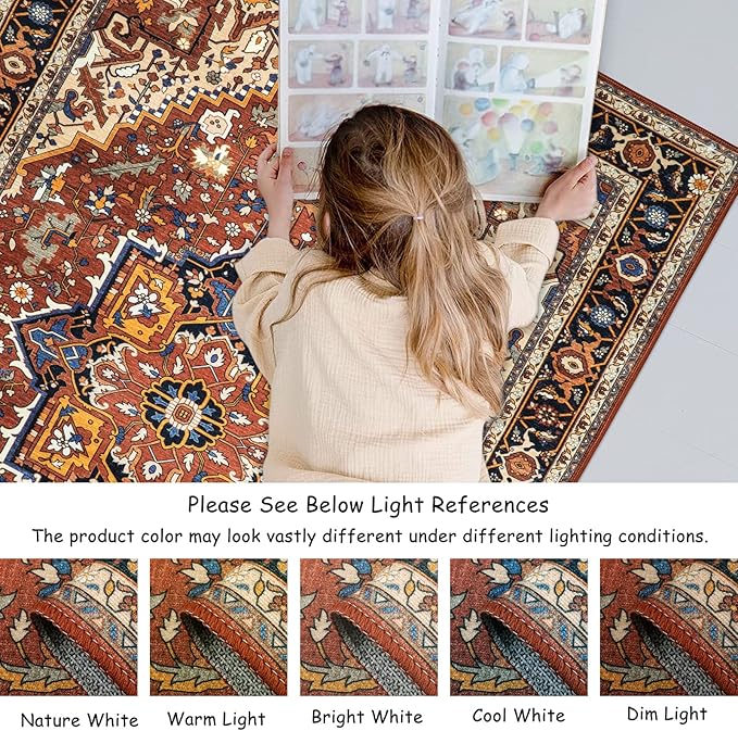 Moynesa Ultra-Thin Washable Oriental Area Rug - 3x5 Non-Slip Laundry Room Rug, Non-Shedding Stain Resistance Low Pile Kitchen Mat Indoor Throw Carpet for Fall Decor Bathroom, Brown/Multi