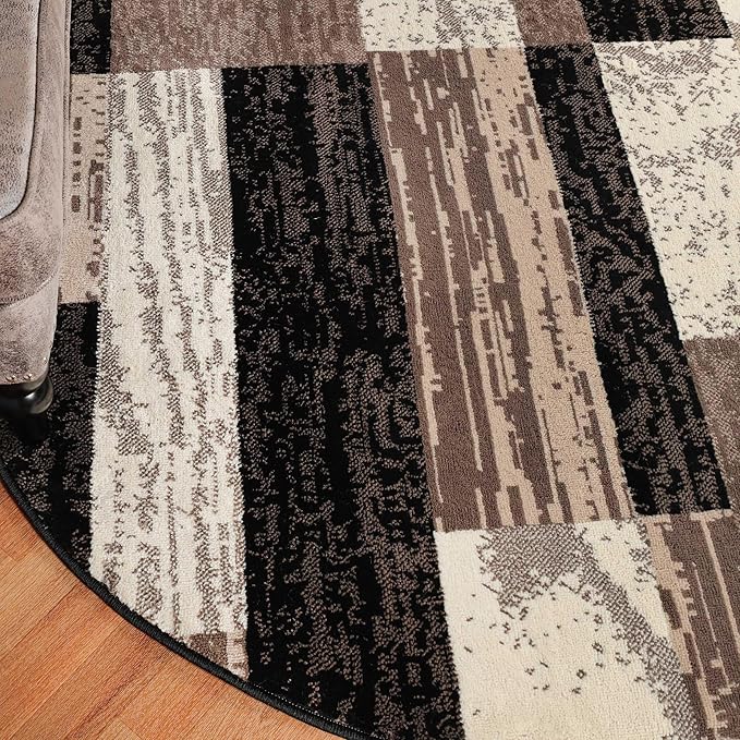 Superior Indoor Area Rug, Jute Backing, Plush Modern Rugs for Entryway, Kitchen Floors, Office Floor Cover, Color Block Rugs, Rockwood Collection, 5' Round, Chocolate