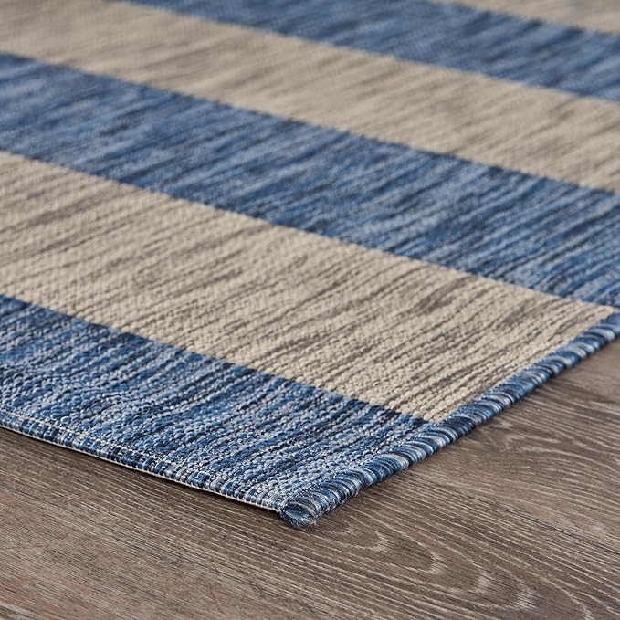LR Home 8 x 10 Indoor / Outdoor Area Rug for Home Decor | Coastal Striped large size carpet for living room, bedroom, playroom, patio, garden | Modern farmhouse rug | Navy / Gray