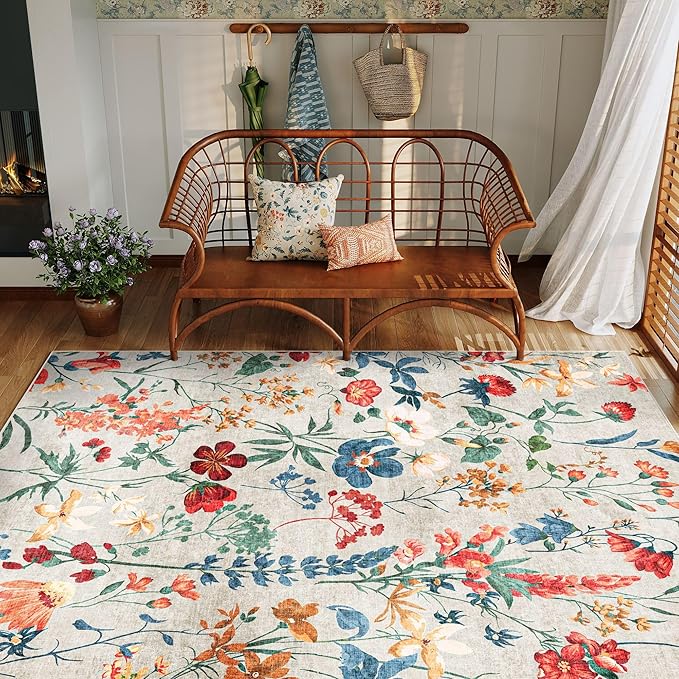 Beige Area Rug 6x9 Floral Washable Living Room Kitchen Boho Carpet Non Slip Low Pile Indoor Accent Lightweight Soft Throw Rug for Bedroom Office Dining Room Nursery Farmhouse