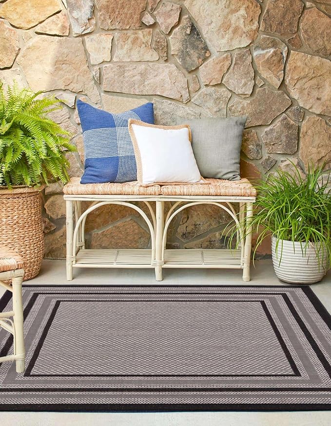 Unique Loom Outdoor Border Collection Area Rug - Multi Border (5' 3" Square Gray/Black)