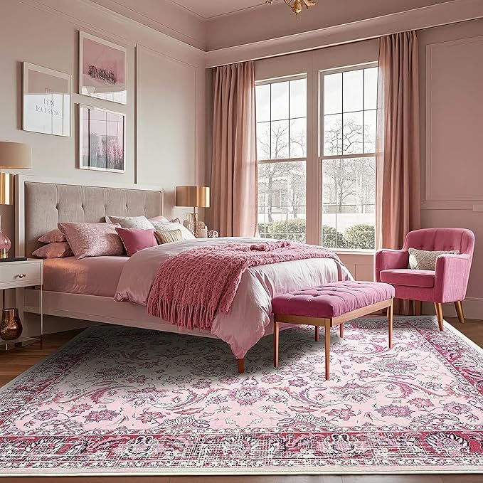 Area Rugs for Living Room, Washable 5x7 Area Rug for Bedroom, Floral Non-Slip Carpet for Nursery Home Office Dining Room Kitchen, Pink and White