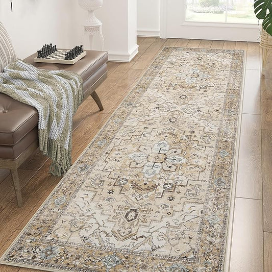 jinchan Runner Rug 2x6 Washable Kitchen Rug Hallway Rug Vintage Retro Accent Non-Slip Throw Rug for Living Room Bedroom Laundry Room Indoor Home Decor Taupe