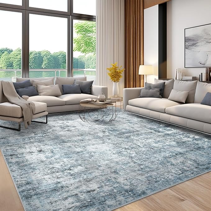 10x14 Area Rugs for Living Room, Non Slip Machine Washable Vintage Rugs, Low Pile Lightweight Large Rug for Bedroom, Dining Room, Home Office Blue