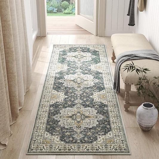 jinchan Runner Rug 3x8 Vintage Hallway Runner Boho Washable Rug Floral Medallion Retro Non Slip Classic Thin Soft Carpet for Kitchen Bedroom Bathroom Laundry Room Doorway Grey