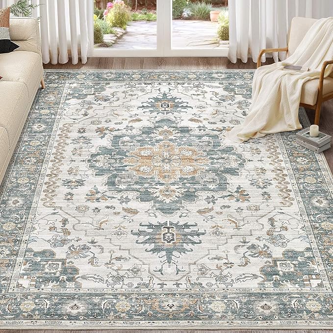 Washable Area Rugs for Living Room - 7x9 Neutral Vintage Distressed Floral Farmhouse Boho Large Soft Floor Rug Indoor Non Slip Carpet for Living Room Bedroom Dining Room Office - Green/Grey