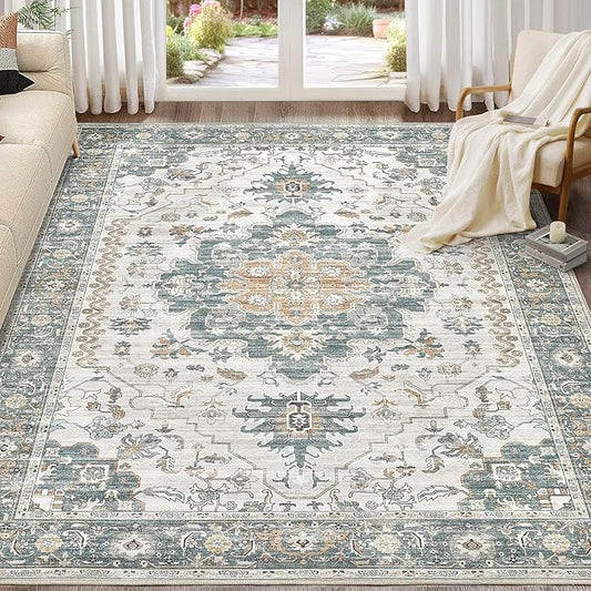 Washable Area Rugs for Living Room - 7x9 Neutral Vintage Distressed Floral Farmhouse Boho Large Soft Floor Rug Indoor Non Slip Carpet for Living Room Bedroom Dining Room Office - Green/Grey