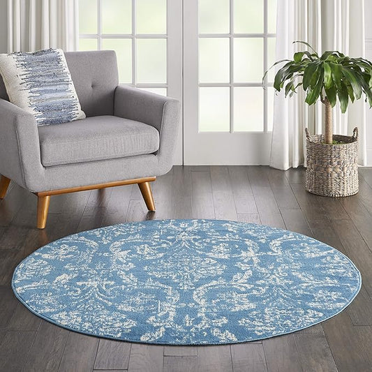 Nourison Jubilant Damask Blue 5'3" x Round Area -Rug, Easy -Cleaning, Non Shedding, Bed Room, Living Room, Dining Room, Kitchen (5 Round)