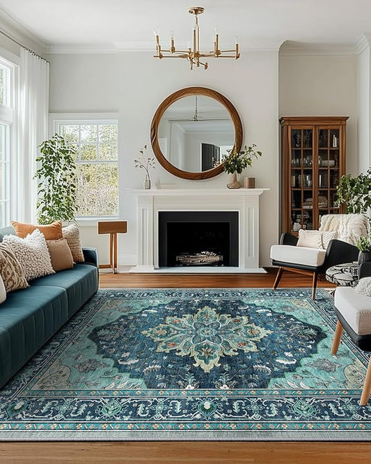 Area Rugs Square 8ft Washable Non-Slip, Floral Vintage Distress Print Pattern Medallion Carpet for Living Room Bedroom Dining Room, Teal Green Lake Blue