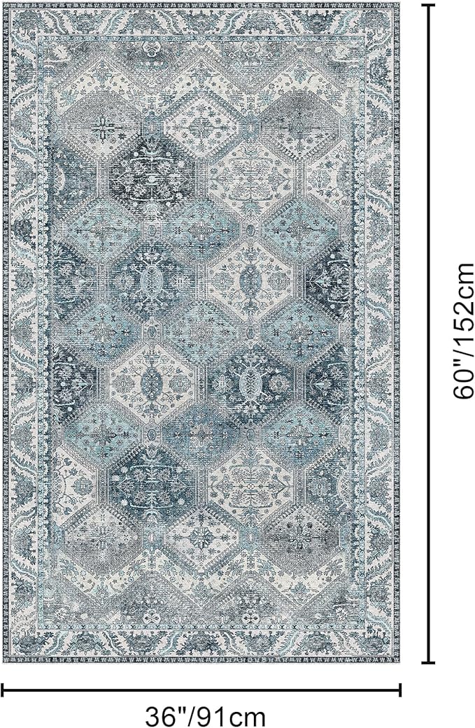 Bavni 3x5 Area Rugs for Living Room, Machine Washable Rug Non Slip, Vintage Chenille Distressed Print Carpet, Large Low Pile Ultra-Thin Lightweight Rugs for Bedroom, Dining Room, Home, Office, Blue