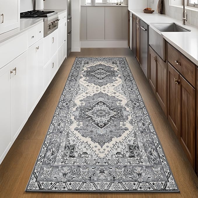 Noahas Grey Hallway Runner Rug 2x6,Vintage Machine Washable Kitchen Runner Area Rugs with Rubber Backing Non Slip Print Carpet for Hallways,Entryway,Laundry Room,Bathroom,Home Decor
