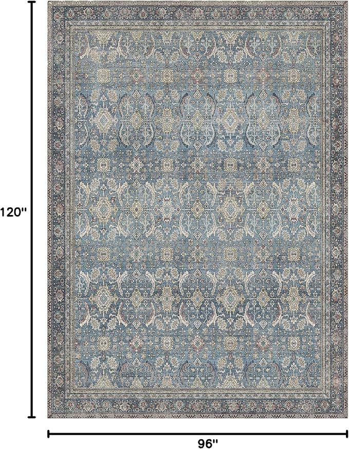 8X10 Area Rugs Machine Washable Rugs for Living Room, Vintage Boho Large Rugs for Bedroom Dining Room, Non Slip Indoor Soft Distressed Lightweight Thin Low Pile Carpet, Vintage Blue