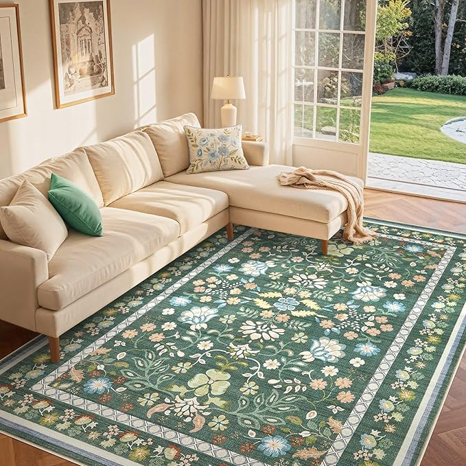 6x9 Area Rug Living Room Rugs - Washable Boho Vintage Floral Large Soft Non Slip Thin Rug Low Pile Carpet for Bedroom Dining Room Kids Playroom Office Decor Indoor- Green