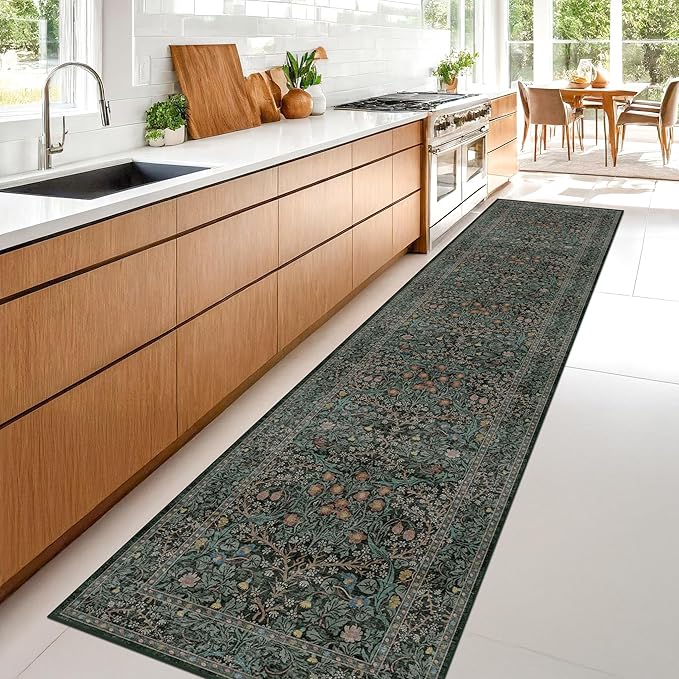 Washable Dark Green 2x10 Runner Rug for Hallway, Kitchen, Laundry Room, 10 ft Non Slip Stain Resistant Extra Long Soft Rugs, Vintage Floral Unique Botanical Floor Mat