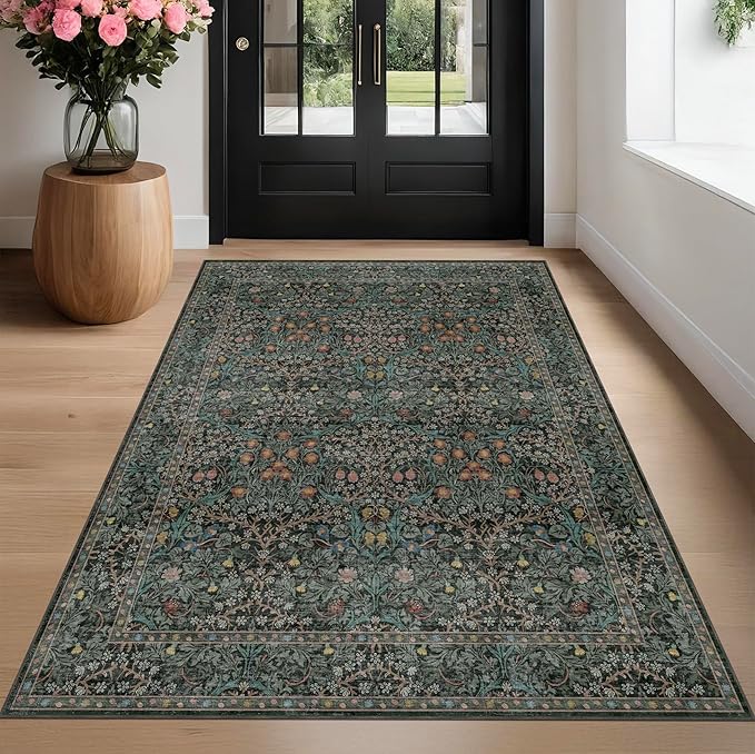 Washable Vintage 5x8 Living Room Rug, Dark Green Floral Area Rug for Bedroom Under Bed, Dining Room Under Small Dining Table, Office - Oriental Low Pile Non Slip & Stain Resistance (5x8 Dark Green)
