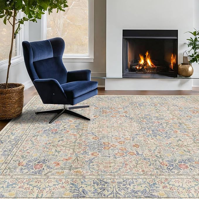 Washable Dining Room Rugs, 6x9 Area Rug for Living Room, Kids Room, Baby Nursery Rug - Low Pile Non-Slip Rugs - Oriental Vintage Design & Stain Resistance (6x9 Beige Blue)