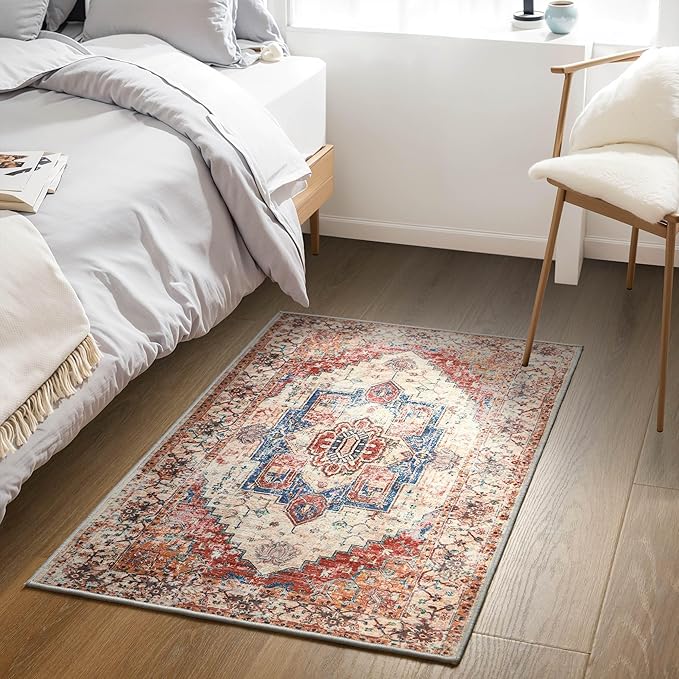 YJ.GWL Doormat Boho Area Rug 2x3, Machine Washable Small Low Pile Lightweight Thin Entryway Rug, Floral Vintage Distress Print Pattern Carpet for Entrance Kitchen Bedroom, Orange