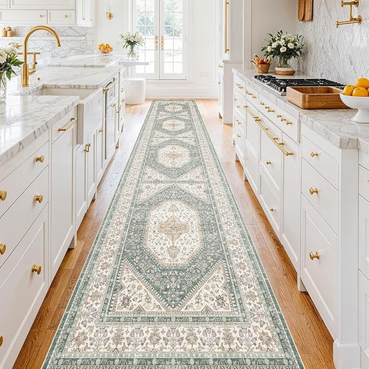3x16 Runner Rug for Hallway Washable: Non Slip Kitchen Rugs with Rubber Backing Soft Waterproof Mats Stain Resistant Indoor Vintage Carpet Runner for Bedroom Bathroom Laundry Entryway Green/Beige