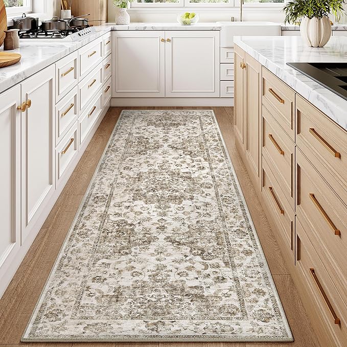2x6 Washable Neutral Runner Rug Brown Hallway Kitchen Non-Slip Low Pile Floral Carpet Vintage Soft Thin Throw Rug for Bathroom Bedroom Entryway Laundry Dining Room