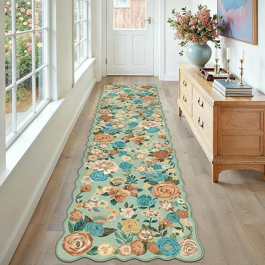 Washable Floral Runner Rug 2x8 Green Hallway Carpet Scalloped Flower Non Slip Soft Long Kitchen Runner Farmhouse Low Pile Thin Indoor Floor Cover for Bathroom Bedroom Laundry Room Entryway