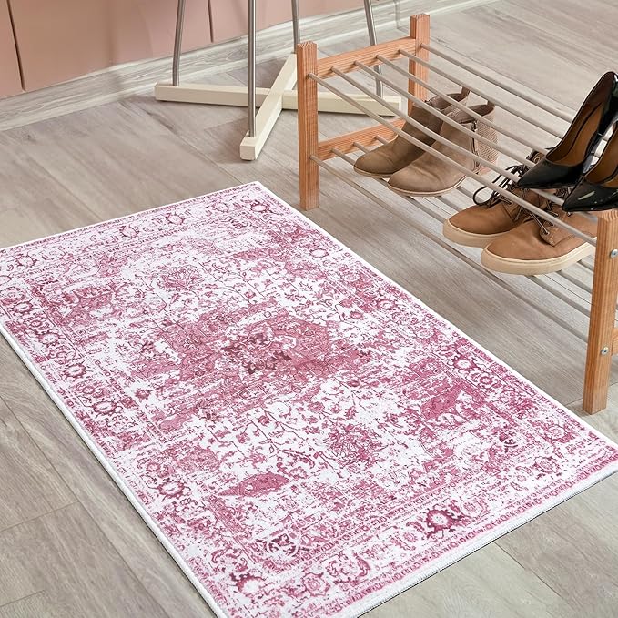 Keeko Small Rugs for Entryway, 2x3 Living Room Area Rug Vintage Door Mat Accent Bedroom Bedside Rug Indoor Retro Non Slip Front Door Print Throw Rugs for Kitchen Laundry Room Decor Reddish Pink