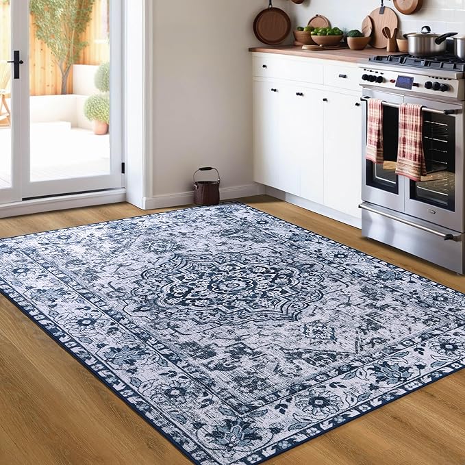 YJ.GWL Area Rug for Living Room, 4x6 Machine Washable Boho Rug for Bedroom, Low Pile Lightweight Thin Rugs Floral Vintage Distress Print Pattern Carpet for Dining Room, Blue/White