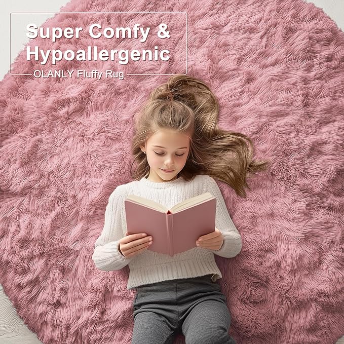 OLANLY Pale Pink Round Rugs for Bedroom - Machine Washable, 7x7 Feet Circle Area Rugs for Living Room, Soft and Fluffy Shaggy Carpet for Teen Girls and Boys, Dorms, Nursery Rooms, Home Decor Aesthetic