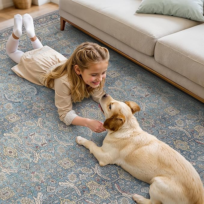 8X10 Area Rugs Machine Washable Rugs for Living Room, Vintage Boho Large Rugs for Bedroom Dining Room, Non Slip Indoor Soft Distressed Lightweight Thin Low Pile Carpet, Vintage Blue