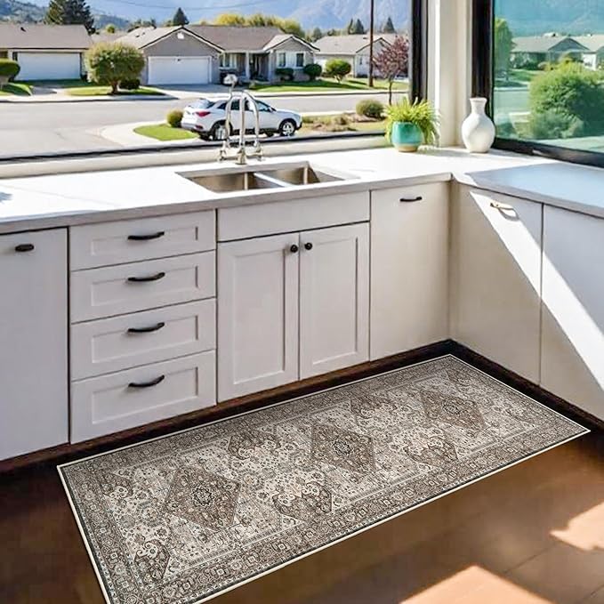 Washable Hallway Runner Rug 2x6: Oriental Non-Slip Kitchen Rugs Distressed Low Pile Indoor Rug for Bedroom Entryway Vintage Soft Non Shedding Floor Mat for Living Room Bathroom Laundry (2x6,Brown)
