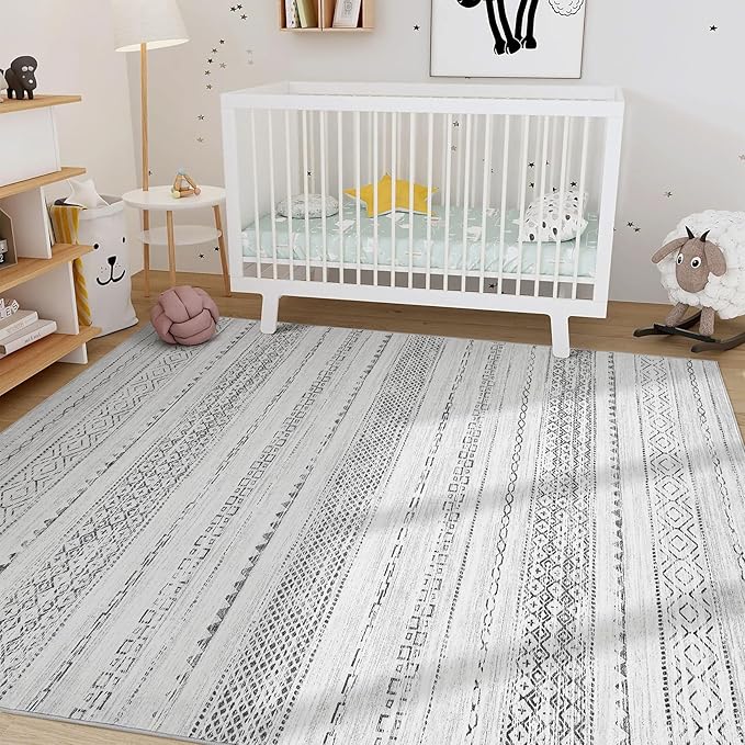 6x9 Area Rugs Living Room: Washable Boho Large Neutral Soft Farmhouse Rug Stain Resistant Modern Indoor Floor Non Slip Accent Carpet for Bedroom Nursery Kids Playroom Office Dining Room Dorm- Grey
