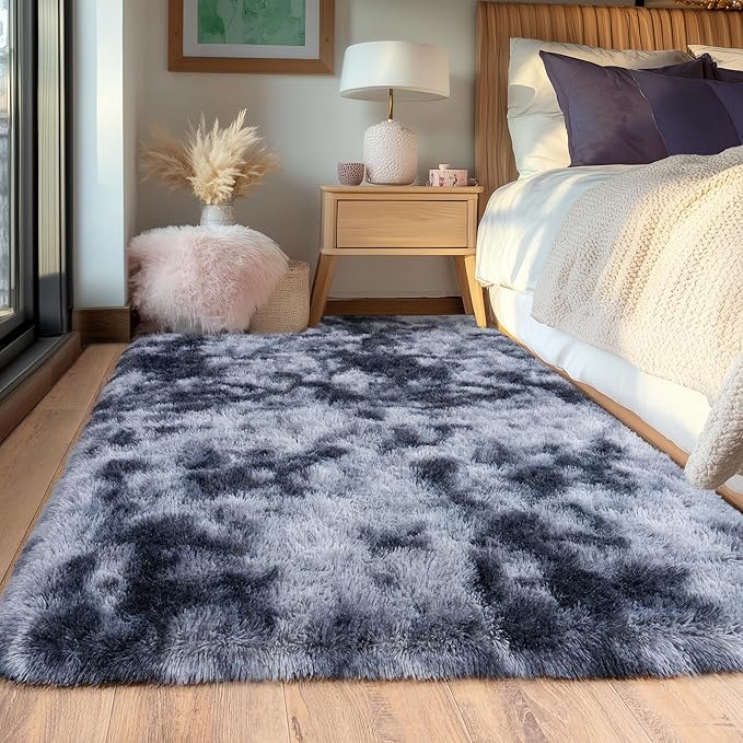 Tie-Dyed Black Fluffy Rugs for Bedroom 5x7 ft - Ultra Soft & Non Slip Shaggy Area Rug, Comfy Durable Carpet for Living Room Kids Room Teens Dorm Home Decor, 1.7'' Thick Indoor Carpets