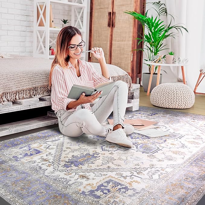 YJ.GWL Large Area Rug for Living Room, 5x7 Machine Washable Boho Rug for Bedroom, Low Pile Lightweight Thin Rugs Floral Vintage Distress Print Pattern Carpet for Dining Room, Cream/Blue