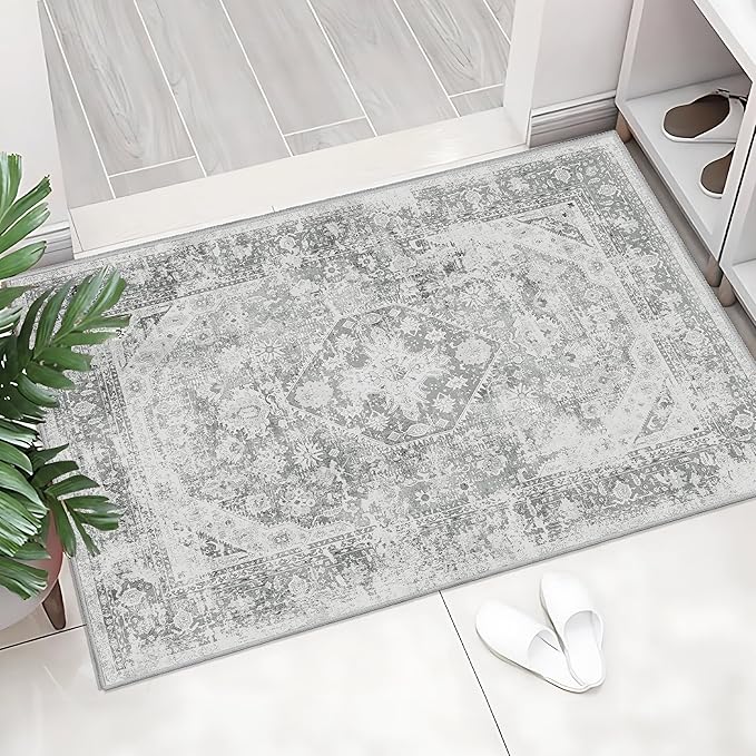 MUJOO Grey Rug Washable Small Entryway Rug Boho Bathroom Rugs for Bedroom Non Slip Throw Carpet Gray Entry Area Rug for Front Door Laundry Room Soft Floral Indoor Home Decor 2'x3'