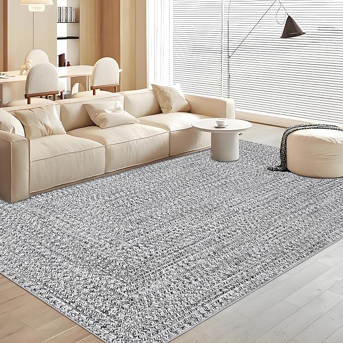 Washable Area Rugs 9x12 Living Room Modern Rugs for Bedroom Grey Rug Imitation Braided Soft Large Area Rug Non Slip Throw Rugs Stain Resistant Carpet for Nursery Dining Room 9'x12' Light Grey
