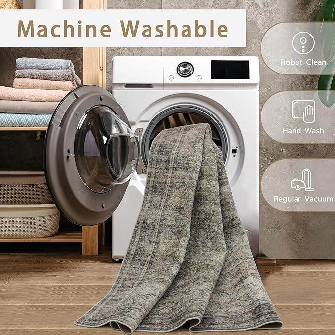 Washable Rugs 8x10 Area Rugs for Living Room,Bedroom and Dining Room-Large Ultra Soft Faux Wool Retro Carpets,Non Slip&Non-Shedding Low Pile Vintage Print Home Office Rug-Brass Green-Brown-Olive