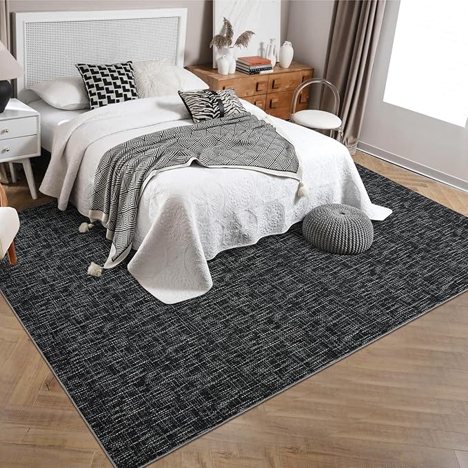Bedroom Area Rug 4x6 Modern Abstract Area Rug Stain Resistant Small Living Room Rug Contemporary Dining Room Rug Non-Slip Solid Rug Aesthetic Accent Floor Carpet for Kitchen Office, Black