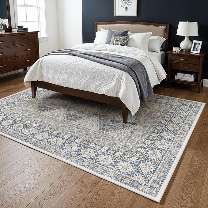 5x7 Area Rugs for Living Room:Washable Oriental Rug for Bedroom Dining Room Carpet 5 by 7 Indoor Non Slip Rubber Backing Neutral Nursery Dorm Home Office Kids 5X7 Blue