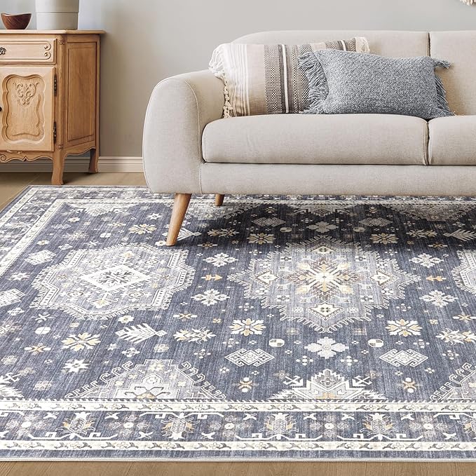 Washable Area Rugs for Living Room - 7x9 Neutral Vintage Distressed Floral Farmhouse Boho Large Soft Floor Rug Indoor Non Slip Carpet for Living Room Bedroom Dining Room Office - Denim Blue/Grey