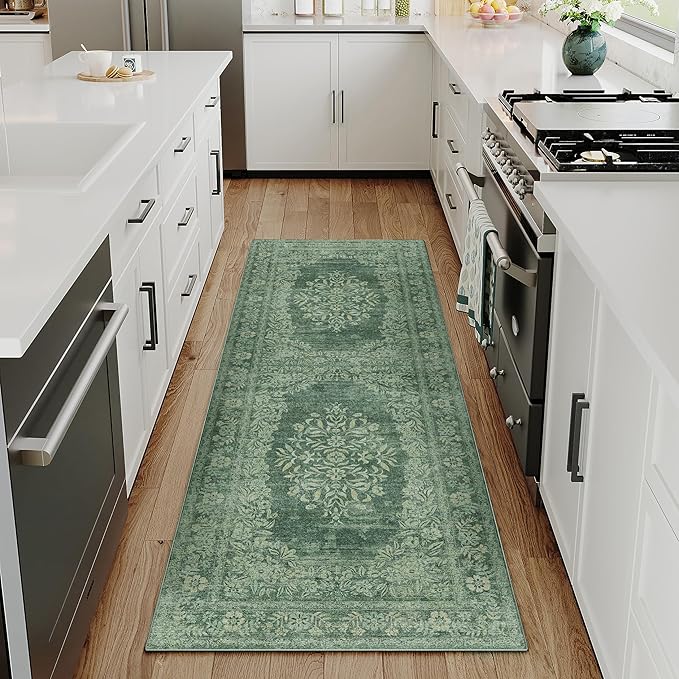 2x6 Runner Rug Green Washable Hallway Kitchen Bedroom Vintage Distressed Bathroom Non Slip Medallion Floral Carpet Indoor Retro Throw Floor Mat for Office Dining Laundry Living Room