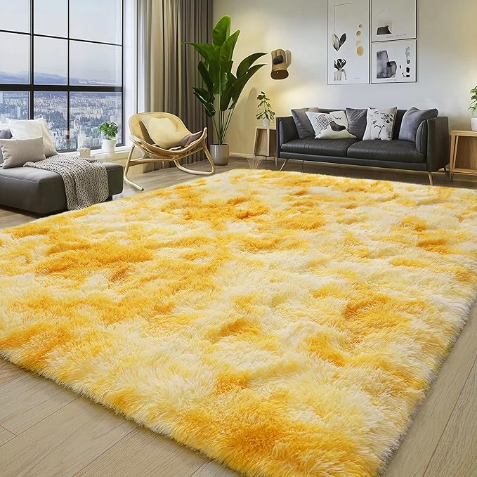 6x9 Fluffy Fuzzy Area Rug for Living Room Bedroom, Ultra Soft Large Living Room Rugs, Non Slip Thick Shag Rug for Dorm, Kids Girls Boys Rug for Home Decor Aesthetic, Tie-Dyed Yellow